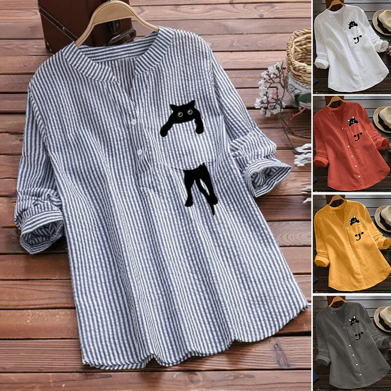 🔥【S-3XL】Μακρυμάνικη βαμβακερή μπλούζα με V-λαιμό και σχέδιο γάτας