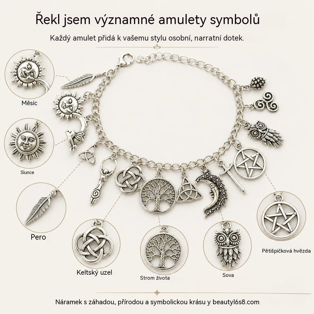 Vintage náramek s přívěsky a mystickým nádechem pro ženy – nebeské, gotické a boho šperky 🔮✨