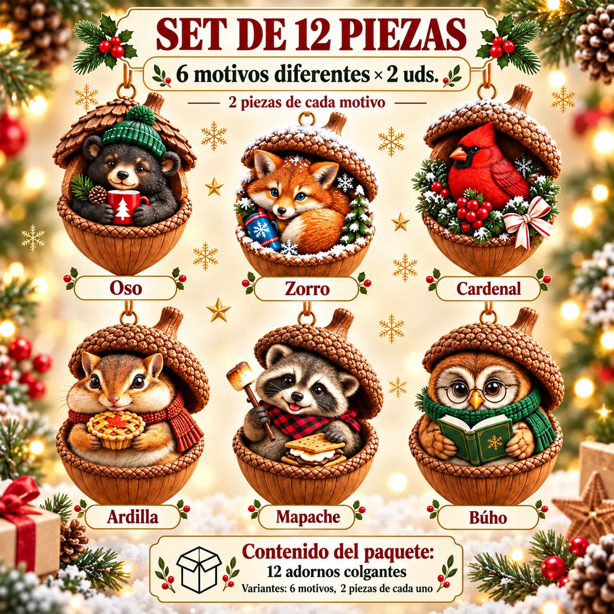 🎉【Compra 6 y llévate 6 gratis】12 unidades por 28 euros🤩 🎁Nuevo diseño navideño en acrílico 2D con animales en forma de piña.