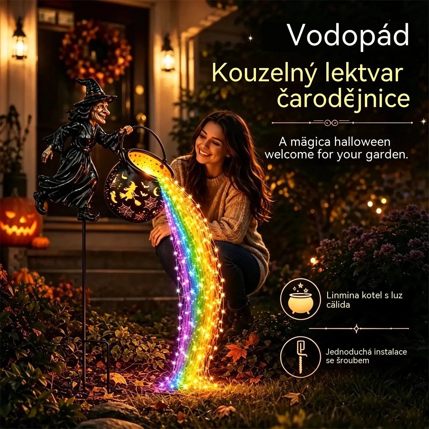 🧙‍♀️🎃 Zahradní lampa Čarodějnický kotel s LED světlem – Úžasná venkovní dekorace 🔮✨