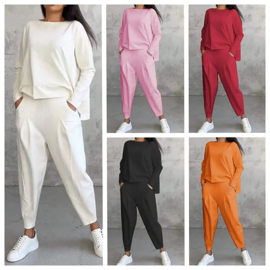 S-5XL 💖[Top + Kalhoty] Módní dvoudílná souprava, jednobarevné ležérní a trendy dámské oblečení, příjemná látka z čisté bavlny-Z