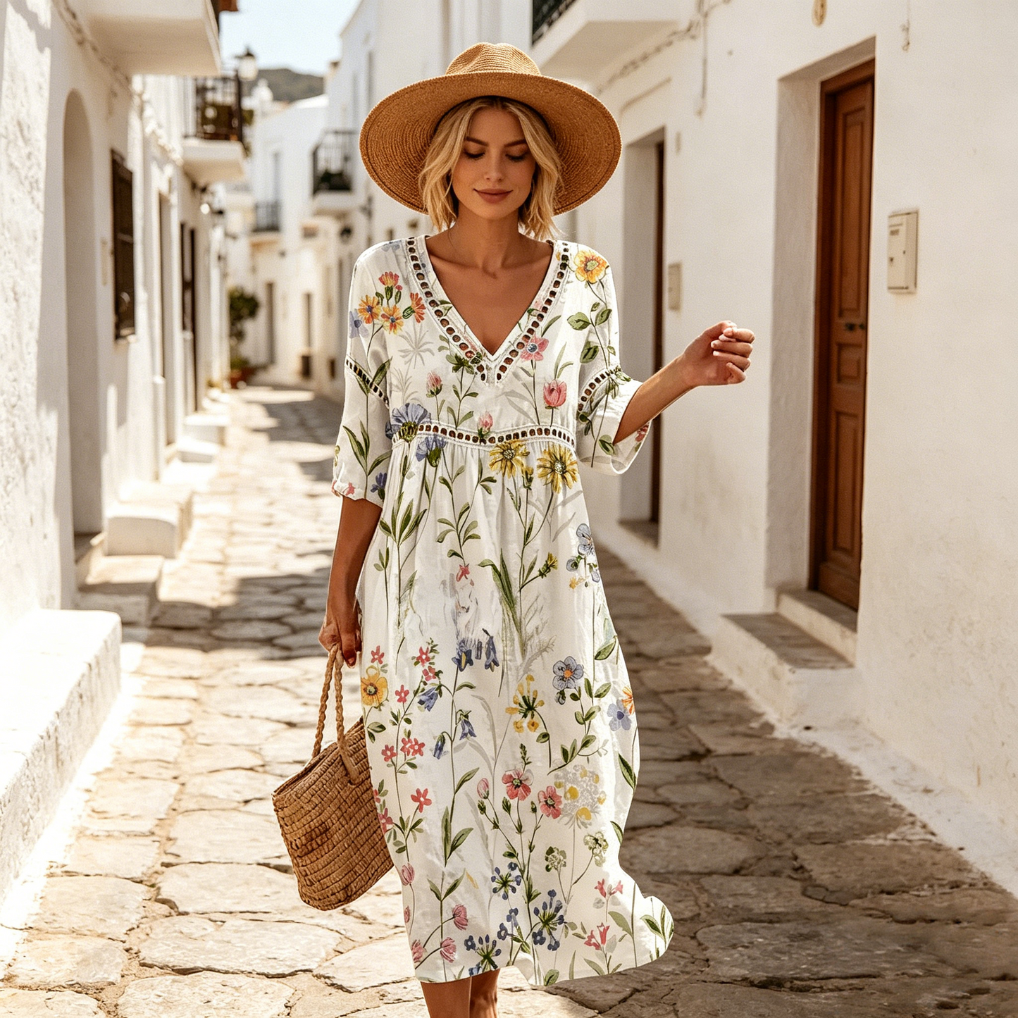 👗【S-3XL】Női hosszú pamut-len ruha mintával – nyári stílus, V-nyakkivágással