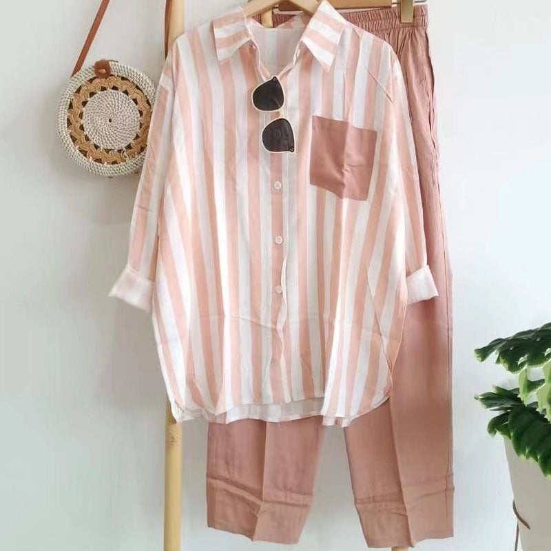 ✨【S-5XL】Nová letní módní ležérní souprava (pruhovaná košile s potiskem + kalhoty)