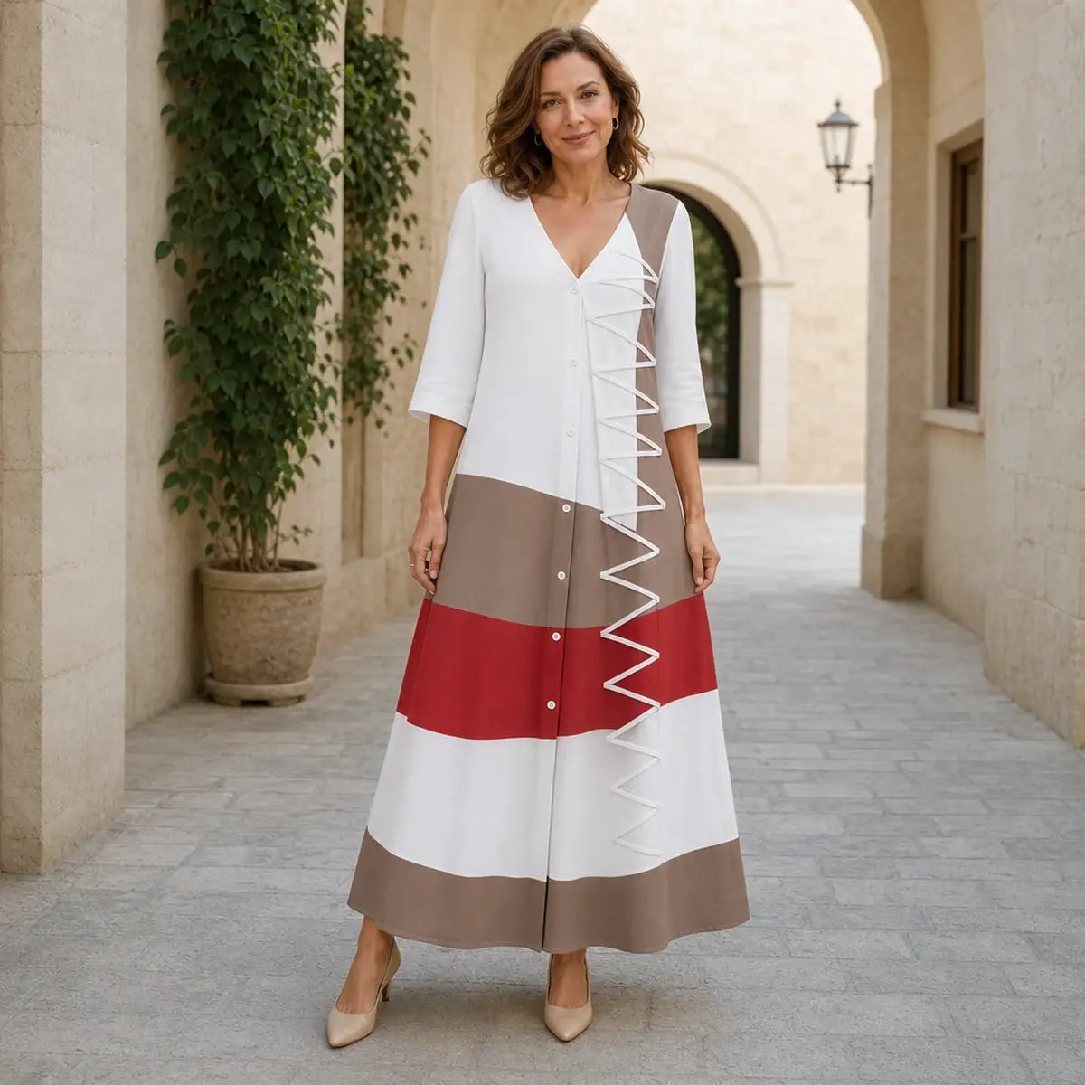 💃50% de descuento🔥【40-120 kg】Moderno vestido largo de verano con escote en V y botones, ideal para unas vacaciones en la playa.