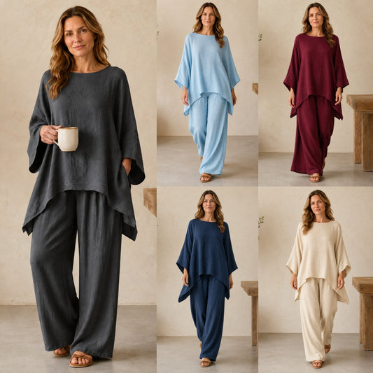 【S-3XL】🌸✨Časově omezená nabídka - Dámská souprava z jednobarevné lněné košile a kalhot