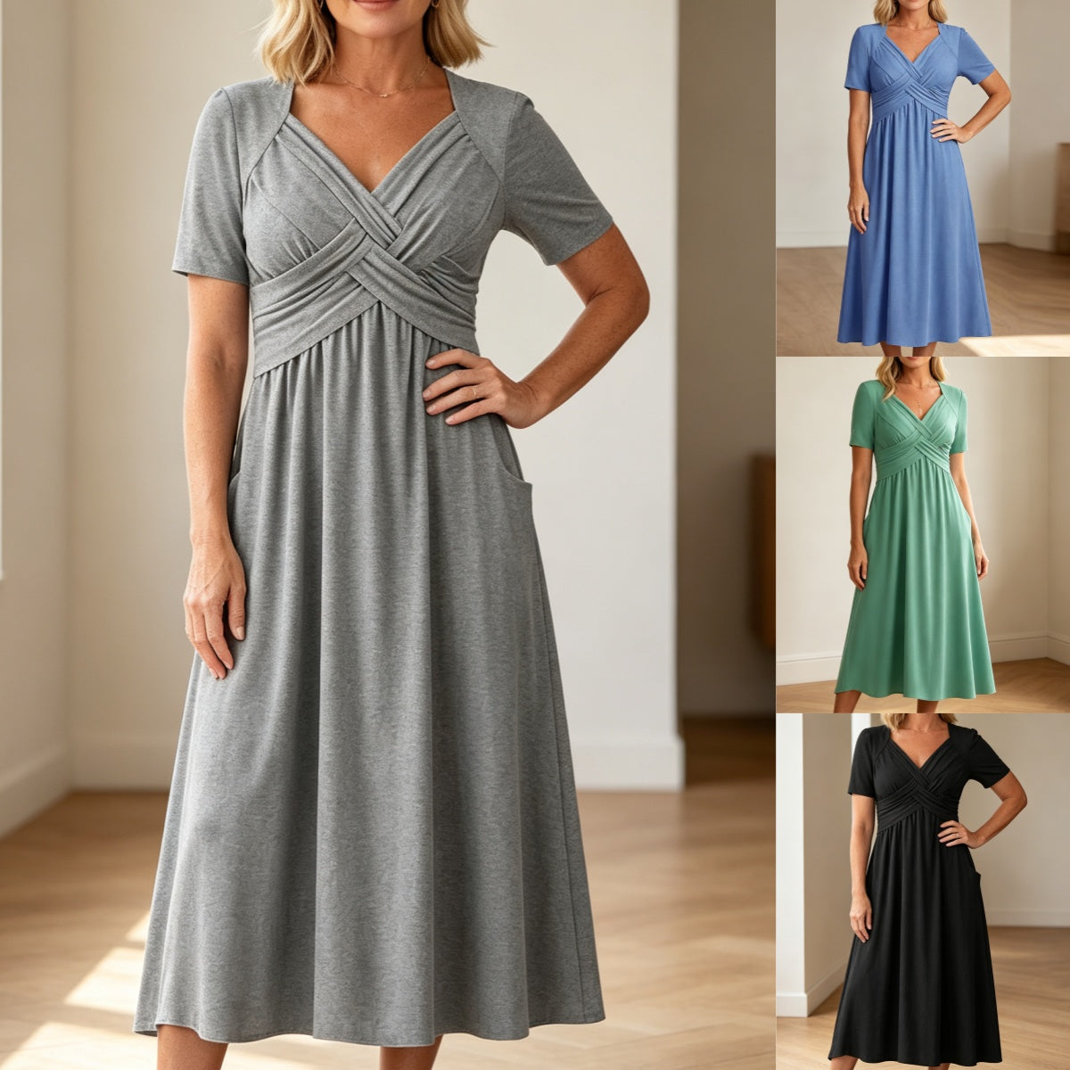 🔥🔥👗【S-3XL】2026 Čistobarvne modne srednje dolge obleke za prosti čas