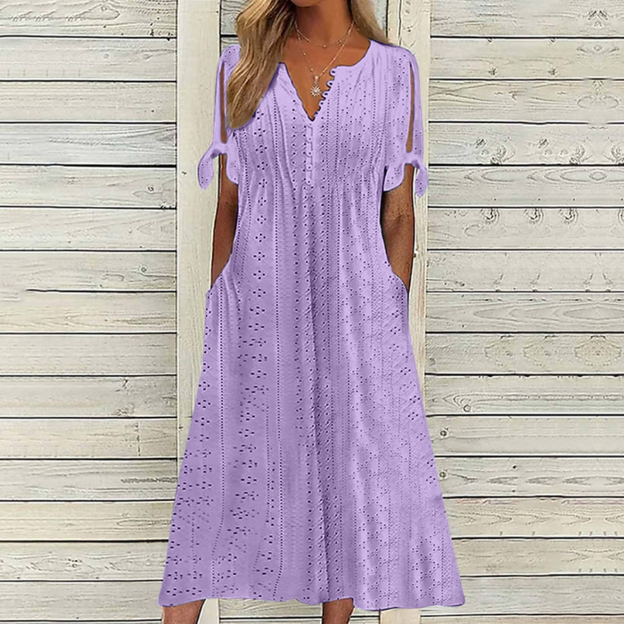 S-5XL Μοντέρνο, casual, φαρδύ, ψηλόμεσο, μονόχρωμο φόρεμα με κέντημα
