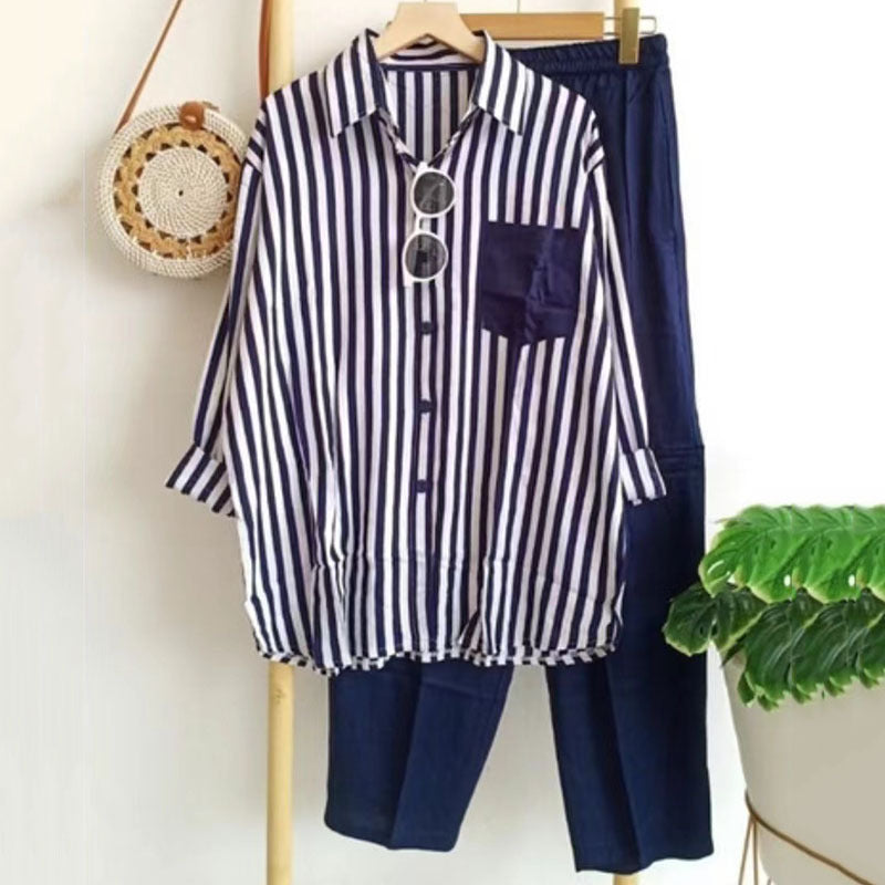 ✨【S-5XL】Nová letní módní ležérní souprava (pruhovaná košile s potiskem + kalhoty)