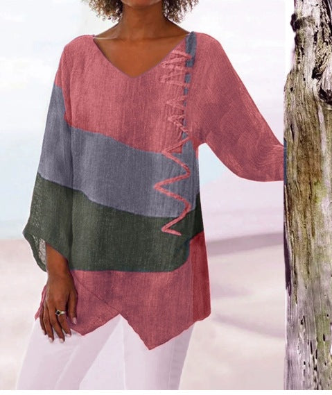 ⏳ Utolsó nap – 50% kedvezmény 😍【S~5XL】Női elegáns hétköznapi felső: V-nyakú, hosszú ujjú, művészi mintás nyomat