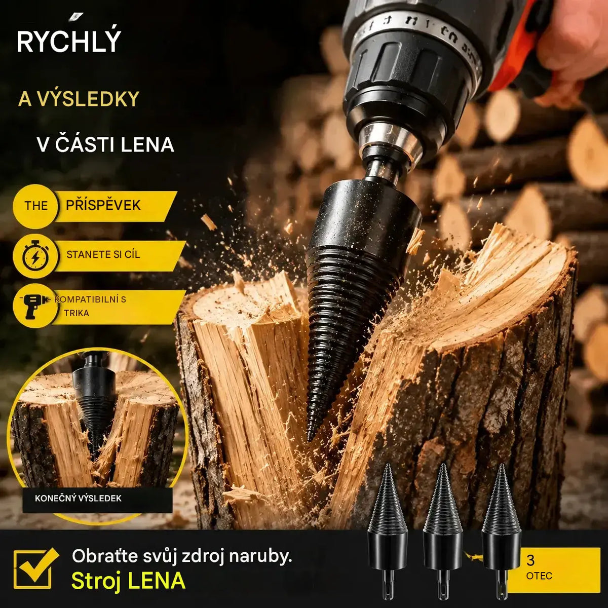🔥1 sada za 620 Kč【32mm vrtací kužel na štípání dřeva + 3 typy upínacích nástavců】 ⚙️ Vrtací kužel z vyztužené oceli pro elektrické štípačky – vysoký výkon a práce bez námahy.