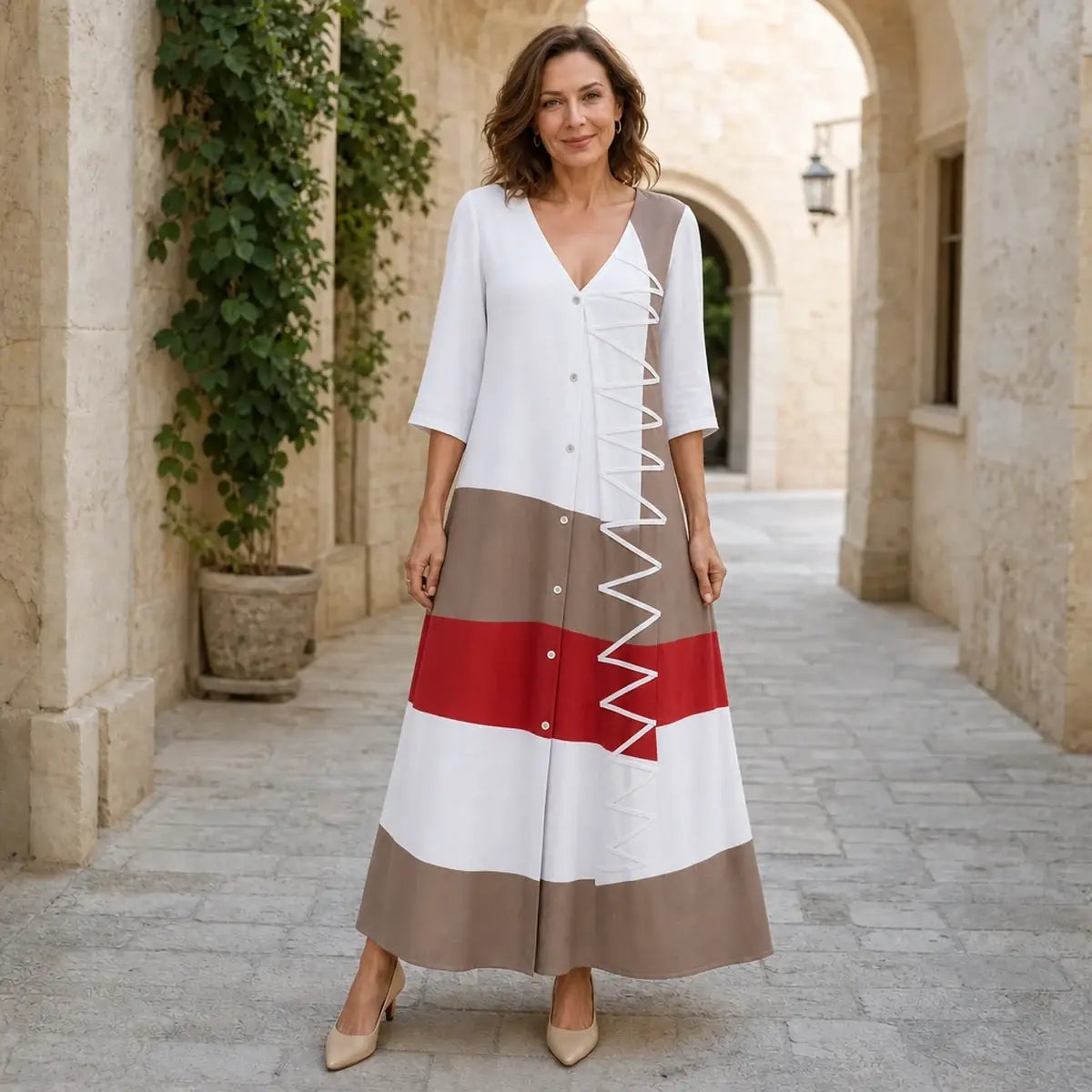💃50% de descuento🔥【40-120 kg】Moderno vestido largo de verano con escote en V y botones, ideal para unas vacaciones en la playa.