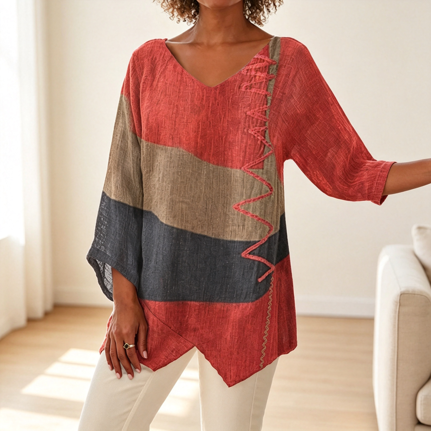 ⏳ Utolsó nap – 50% kedvezmény 😍【S~5XL】Női elegáns hétköznapi felső: V-nyakú, hosszú ujjú, művészi mintás nyomat