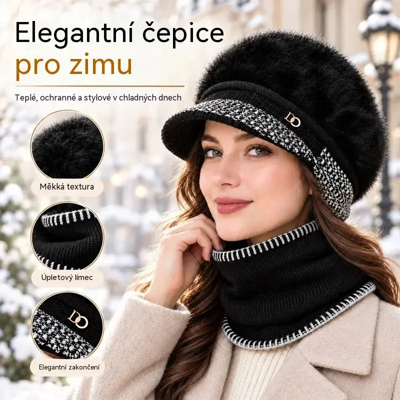 🧢[Klobouk + Nákrčník] Cena: 660 Kč❄️Elegantní dvoudílná zimní sada: kšiltovka se směsí králičí srsti a klapkami na uši + pletená šála!