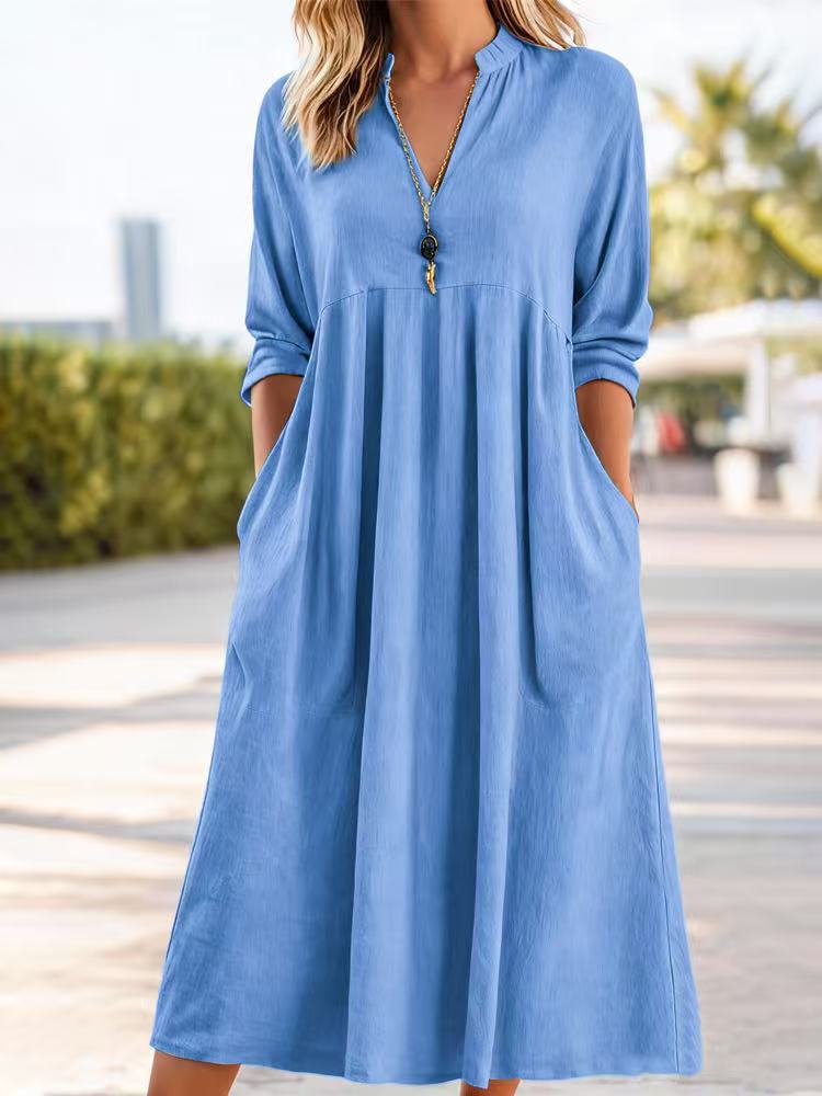 💃【50% de descuento】Nuevo vestido retro de algodón y lino de moda con escote en V