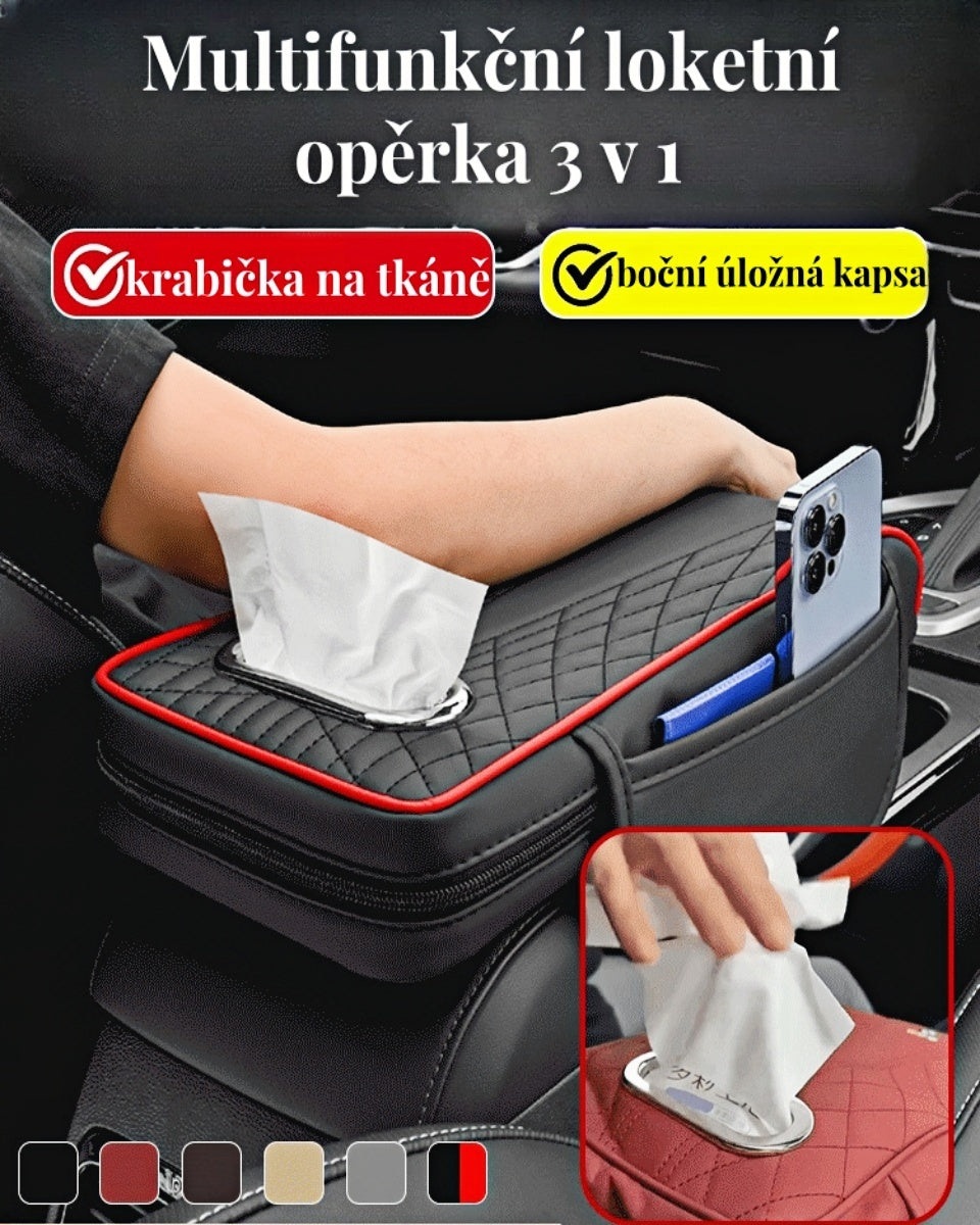 Multifunkční kožená loketní opěrka do auta tři v jednom