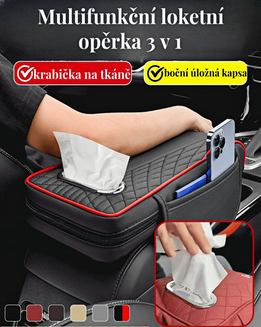 Multifunkční kožená loketní opěrka do auta tři v jednom