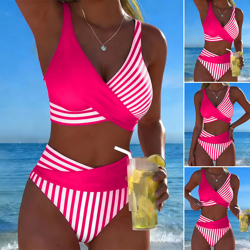 S-3XL 🤩🌟Dvoudílné, barevné bikiny s bloky a pruhy