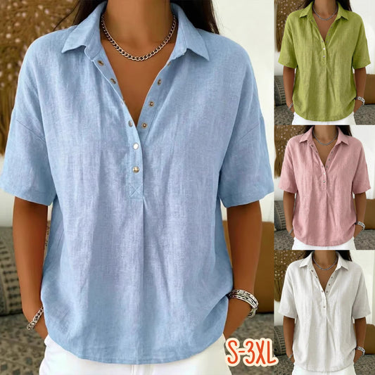 ⏳ Poslední den, sleva 50 %! 【S-3XL】Dámská bavlněná a lněná košile s krátkým rukávem, úzký střih, všestranná, prodyšná, pohodlná a bezstarostná.