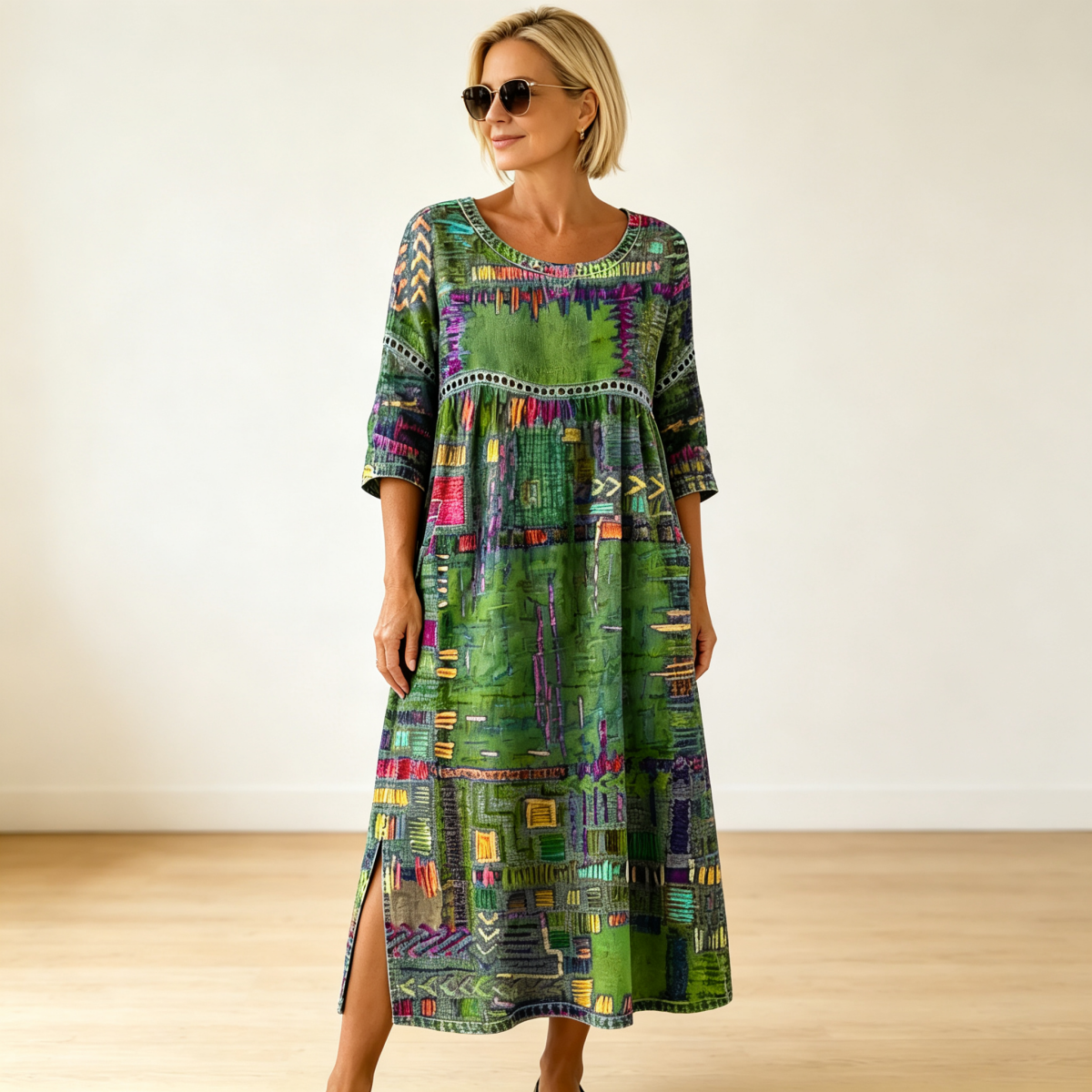 ✨ 【S-5XL】Vestido retro de verano con escote redondo y estampado, ligero y transpirable, favorecedor y fácil de combinar.