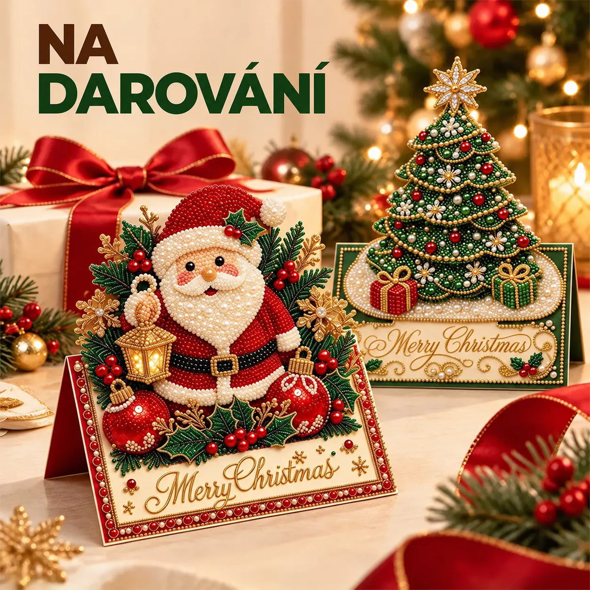 🎄💎【1 sada 6 kusů, 6 různých designů】Ručně vyráběná 3D vánoční přání s korálky – Reliéfní detaily pro darování i vystavení.