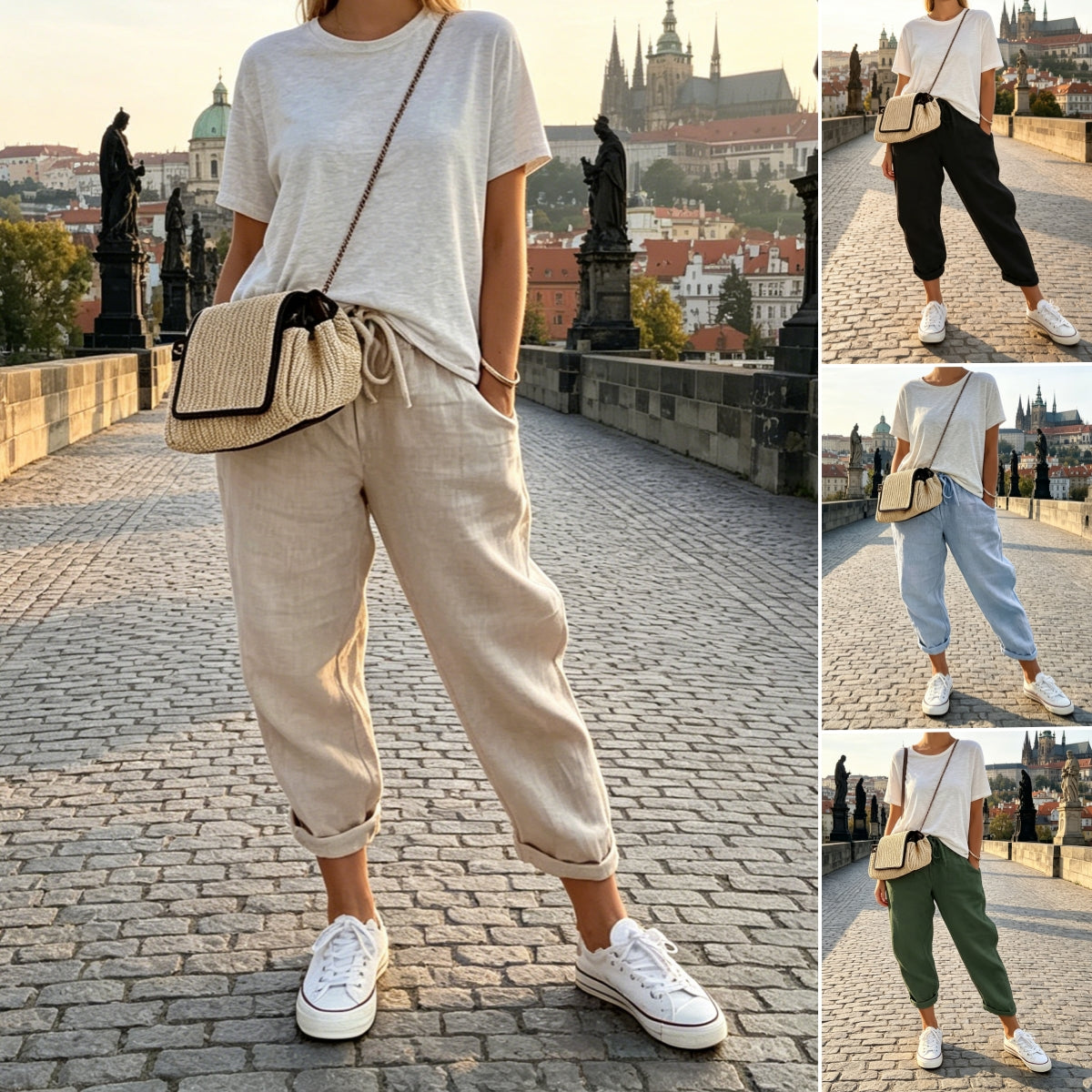 S-5XL 😍💕Poslední den akce -50% SLEVA💕Dámské Bavlněné Kalhoty | Elastický Pas se Stahovací Šňůrkou | Kapsy | Volný Ležérní Střih