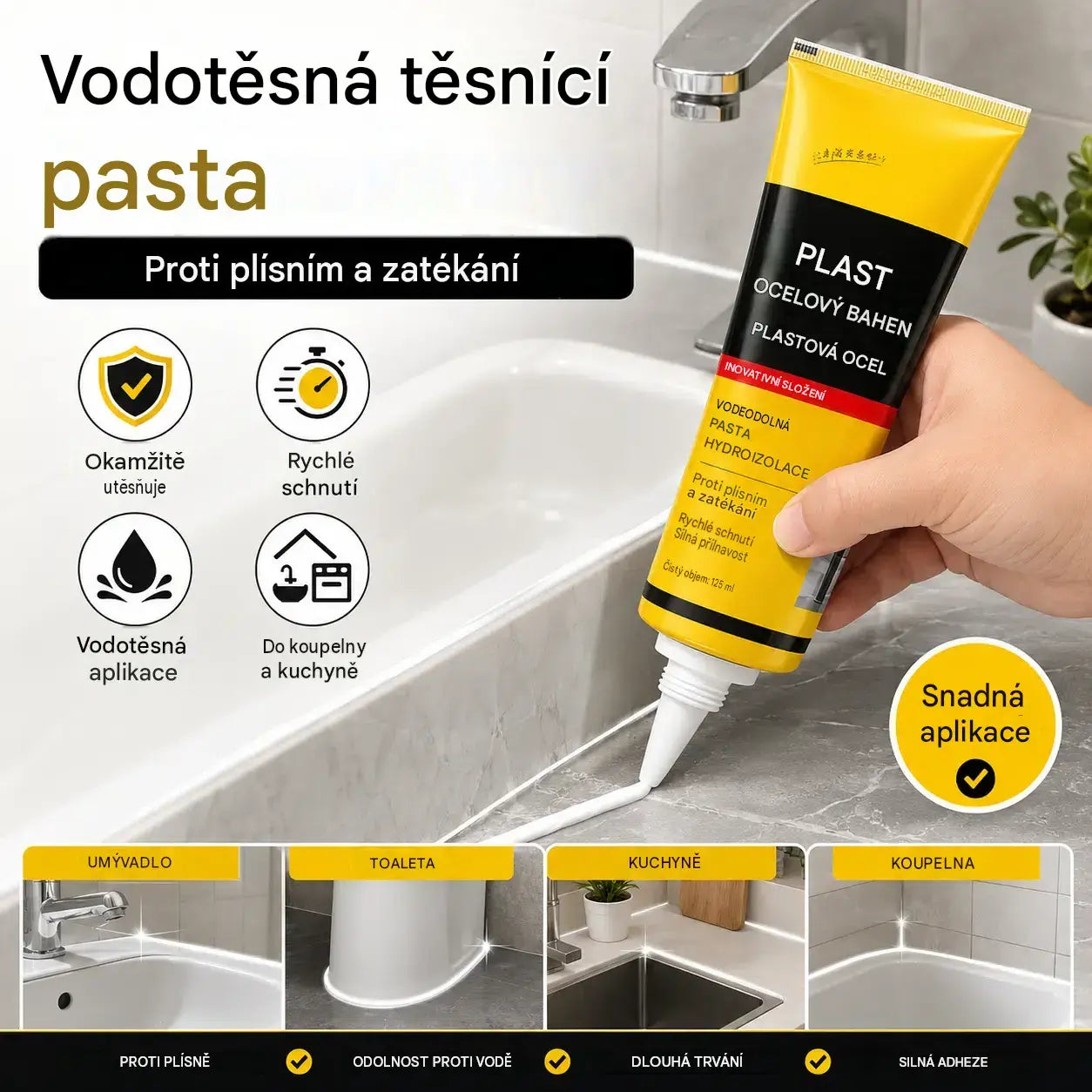 1 sada 550 Kč 💧🛡️Žlutý a černý tmel na plastovou ocel, voděodolný a plísňově odolný tmel, lepidlo na sklo do koupelny, rychleschnoucí lepidlo.