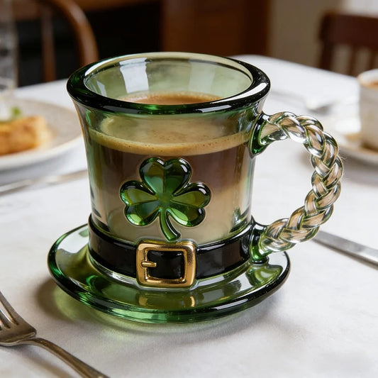 ☕Taza de cristal con gorro de duendecillo y trébol de la suerte - Taza de café verde esmeralda