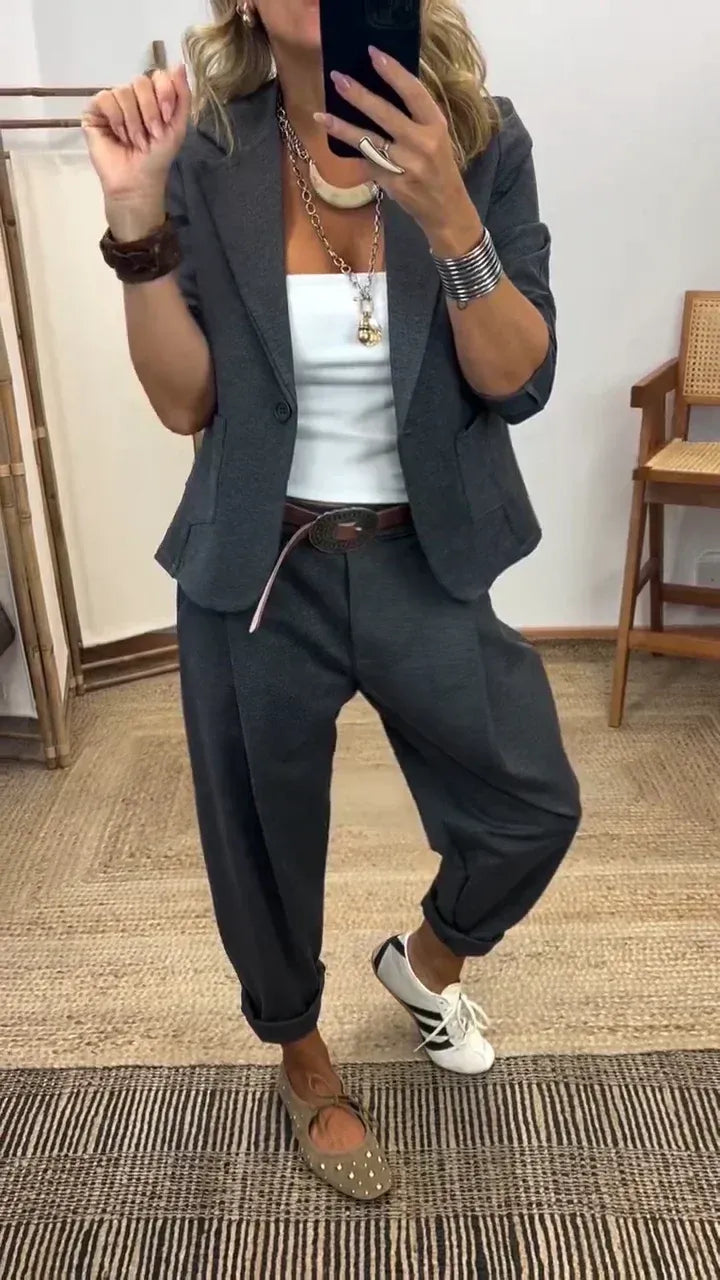 【40-100 kg】🔥【Top + kalhoty】💎Dámská sada bundy a kalhot s límečkem - úzký střih, měkká látka👖✨