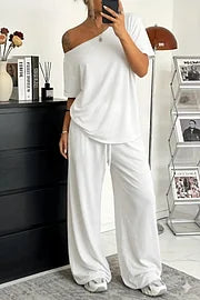 【S-5XL】Σετ 2026 Κομψό T-shirt με Κοντά Μανίκια και Έξωμους Ώμους + Ριχτό Παντελόνι με Κορδόνι και Φαρδιά Παπούτσια 😍 Απαραίτητο για το Καλοκαίρι!