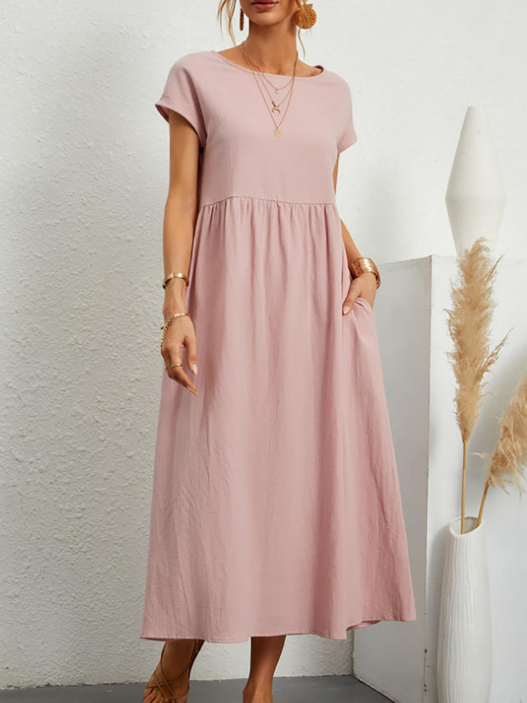 S-4XL 👗 Dámské letní jednobarevné volné bavlněné šaty s krátkým rukávem a kapsami
