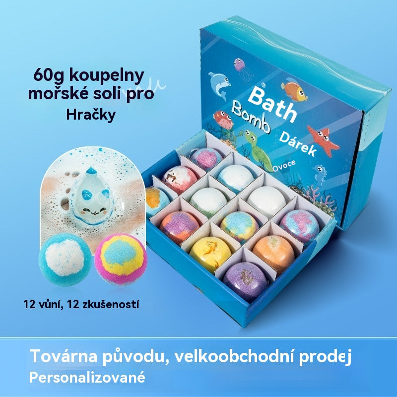 【12 kusů 860 Kč】Sada 12 kuliček koupelové soli ve tvaru mořských živočichů (60 g každá) pro děti.