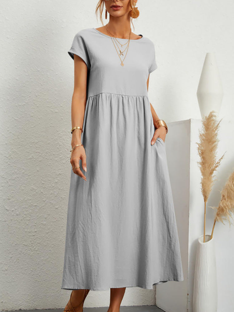 S-4XL 👗 Dámské letní jednobarevné volné bavlněné šaty s krátkým rukávem a kapsami