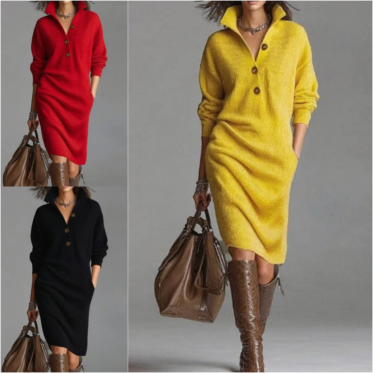 【S-3XL】2025 Nové evropské a americké pletené šaty s límečkem v novém stylu