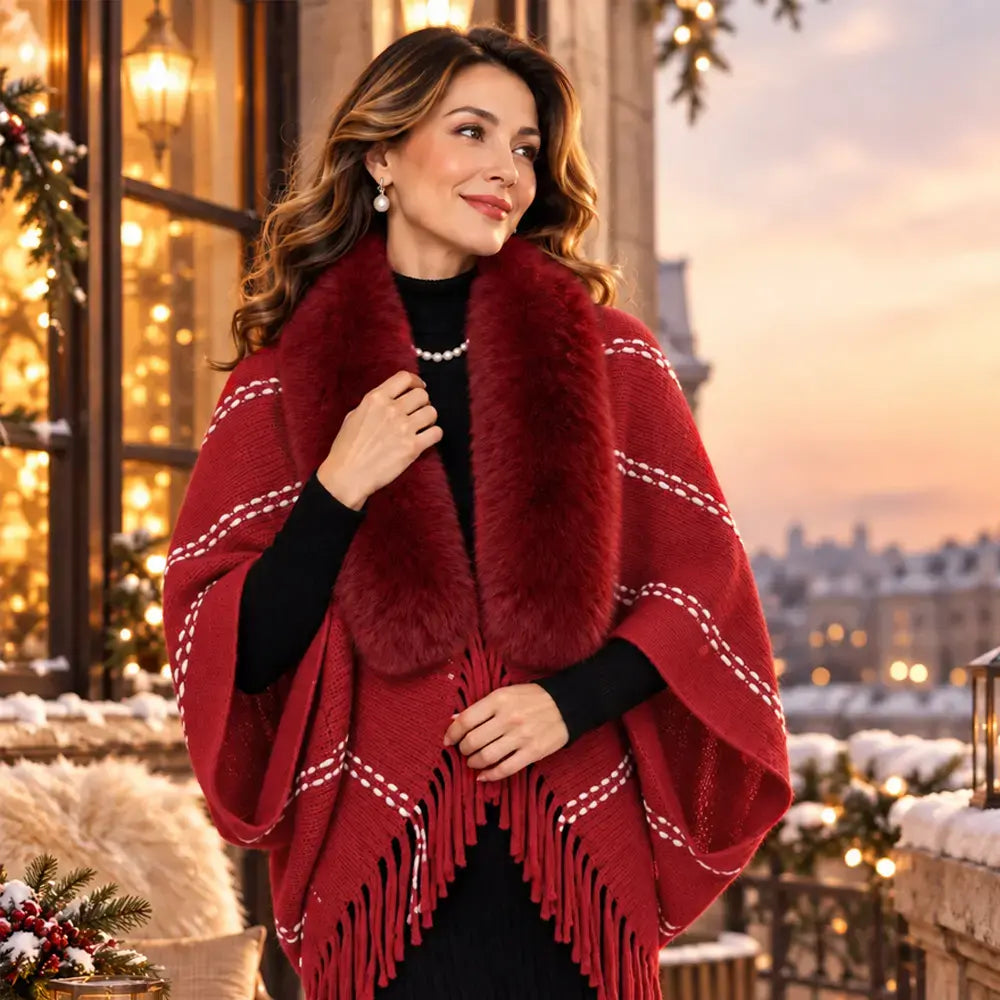 Pletené pončo s kožešinovým límcem a střapci 🧣 Elegantní, hřejivý přehoz pro ženy (podzim/zima) ❄️ Univerzální a pohodlný kousek volnějšího střihu, který lichotí postavě ✨