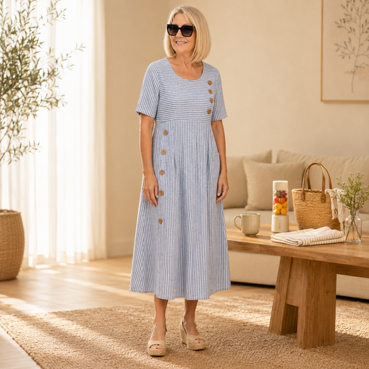 👗🏕️【S-2XL】 Lehké a vzdušné pruhované midi šaty