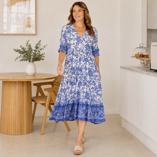 ✨ Poslední den – sleva 50 %! ✨【S-5XL】Letní šaty s výstřihem do V a potiskem, pohodlné a prodyšné, s lichotivým střihem.