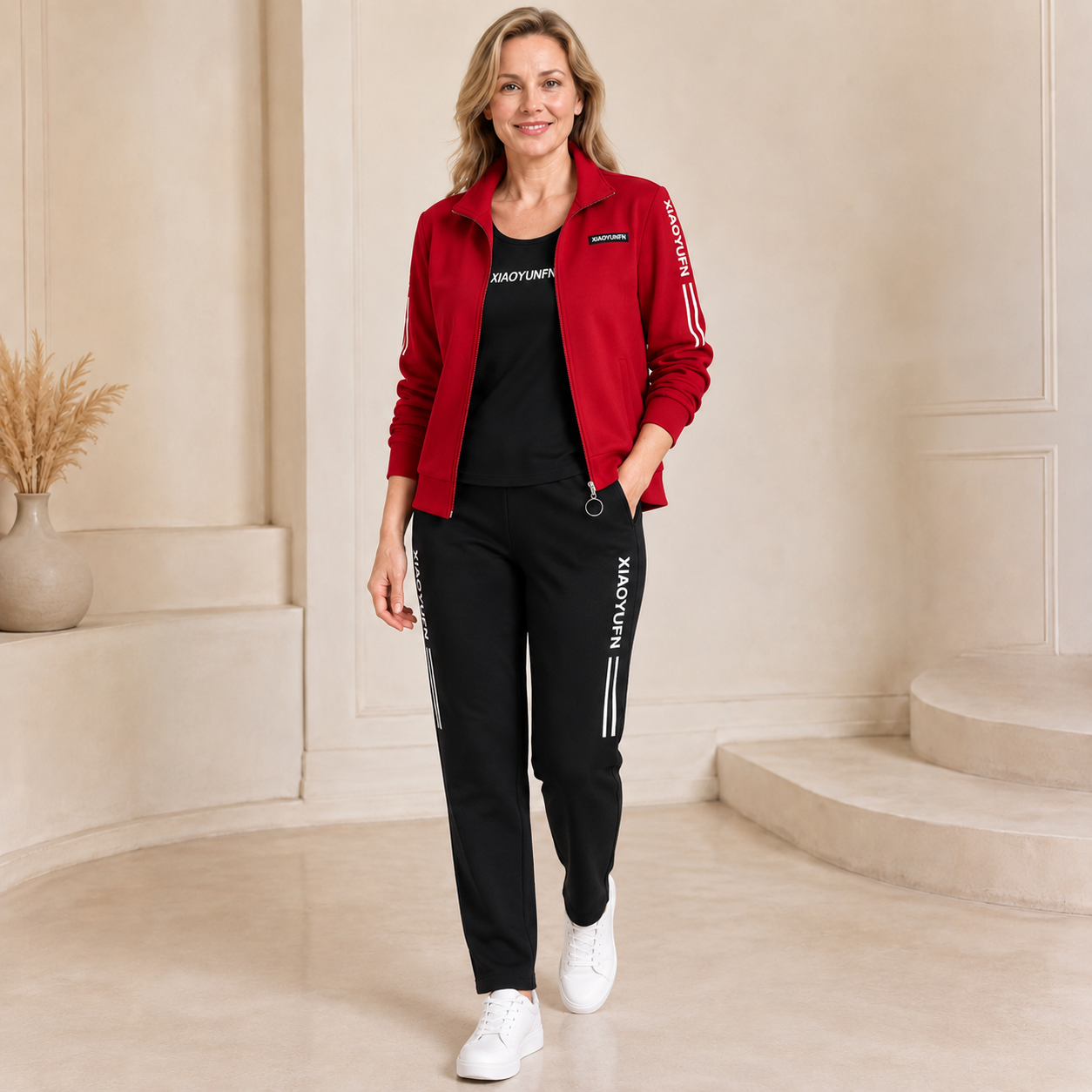 🌺  Elegantní třídílná dámská sportovní souprava (bunda na zip + tričko + kalhoty / velikosti: M–6XL)! ✨