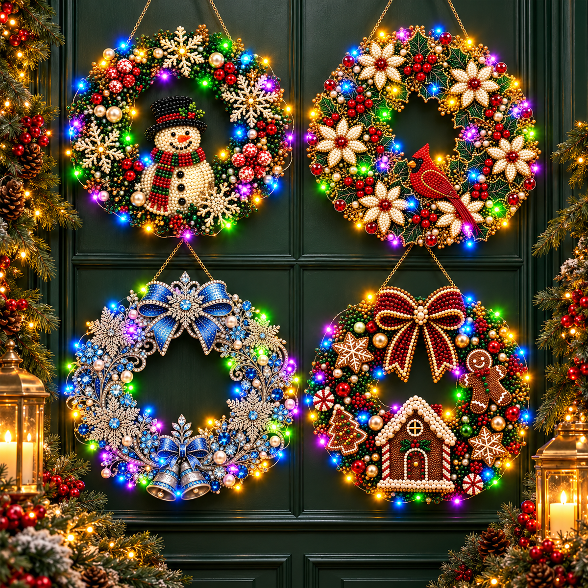 🎄 Vánoční věnec k vlastnímu sestavení s kamínky, perlami a LED světýlky! Odolný akrylový základ · 9 svátečních motivů · Dokonalá dekorace na dveře, stěny i okna · Dárek od srdce!