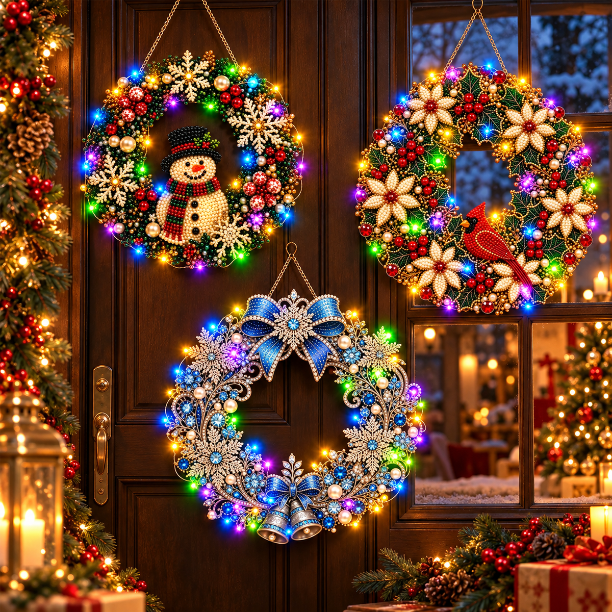 🎄 Vánoční věnec k vlastnímu sestavení s kamínky, perlami a LED světýlky! Odolný akrylový základ · 9 svátečních motivů · Dokonalá dekorace na dveře, stěny i okna · Dárek od srdce!