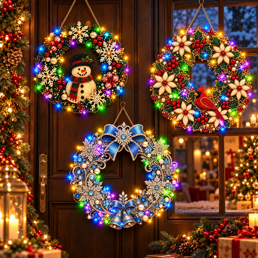 🎄 Vánoční věnec k vlastnímu sestavení s kamínky, perlami a LED světýlky! Odolný akrylový základ · 9 svátečních motivů · Dokonalá dekorace na dveře, stěny i okna · Dárek od srdce!