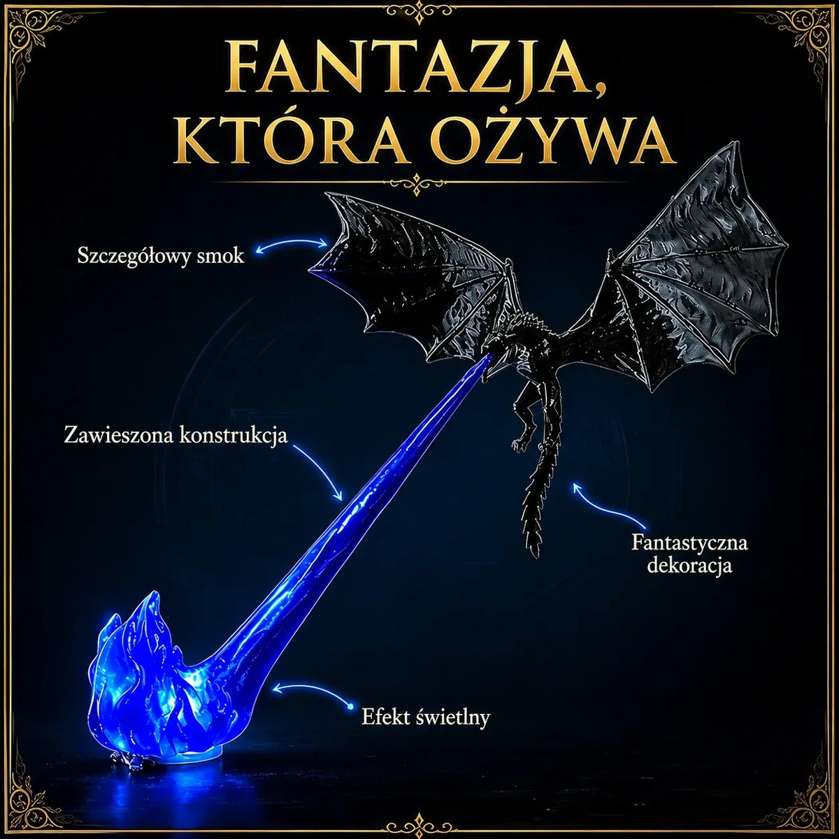 Lampa LED 3D w kształcie smoka ziejącego ogniem | Świecąca dekoracja fantasy na półkę