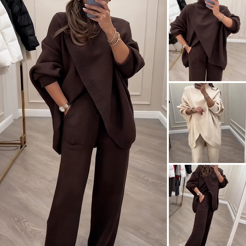 🔥 Novinka! Dámská dvoudílná souprava – asymetrický svetr + kalhoty s širokými nohavicemi, volný střih, měkká látka, super pohodlné👚 Doprava zdarma✨