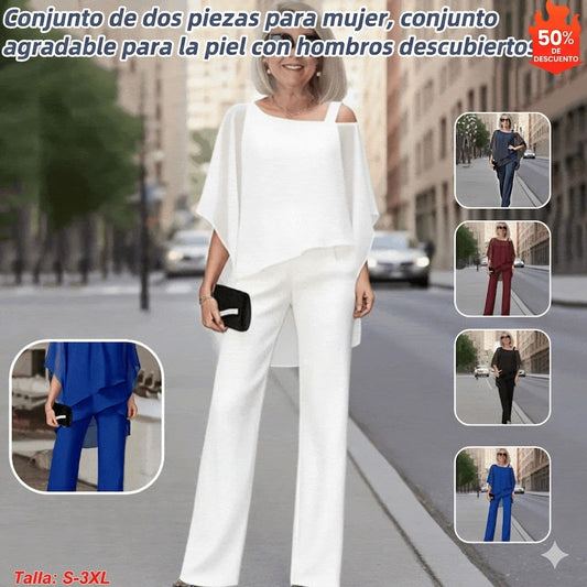 ⏳ Oferta por tiempo limitado ⏰【50-120KG】👚👖 Conjunto de dos piezas para mujer, tejido suave con hombros descubiertos ✅【Blusa + Pantalón】