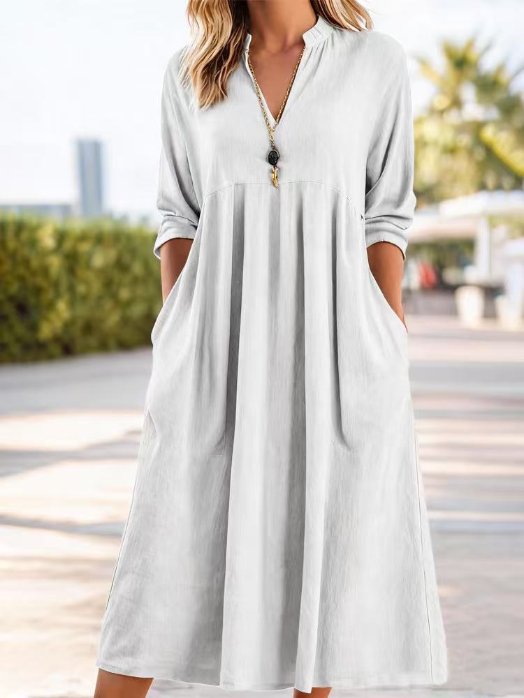 💃【50% de descuento】Nuevo vestido retro de algodón y lino de moda con escote en V