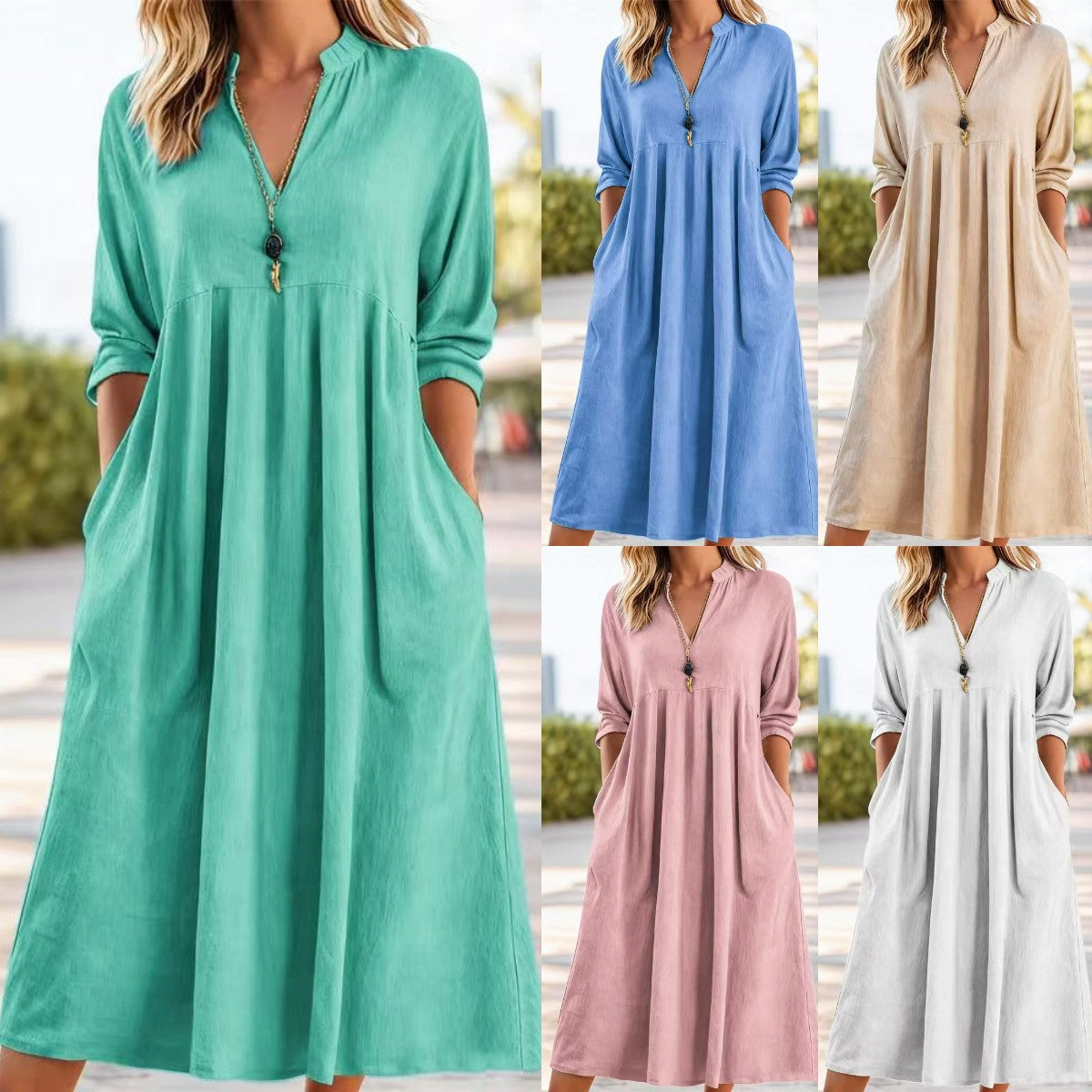 💃【50% de descuento】Nuevo vestido retro de algodón y lino de moda con escote en V