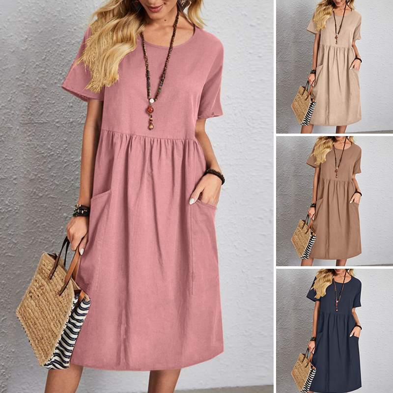👗🎈Novinka [S~5XL]✨ Letné šaty 2025 z bavlny a ľanu 🌿 | Ľahké, priedušné, s krátkym rukávom a okrúhlym výstrihom 🌞💃