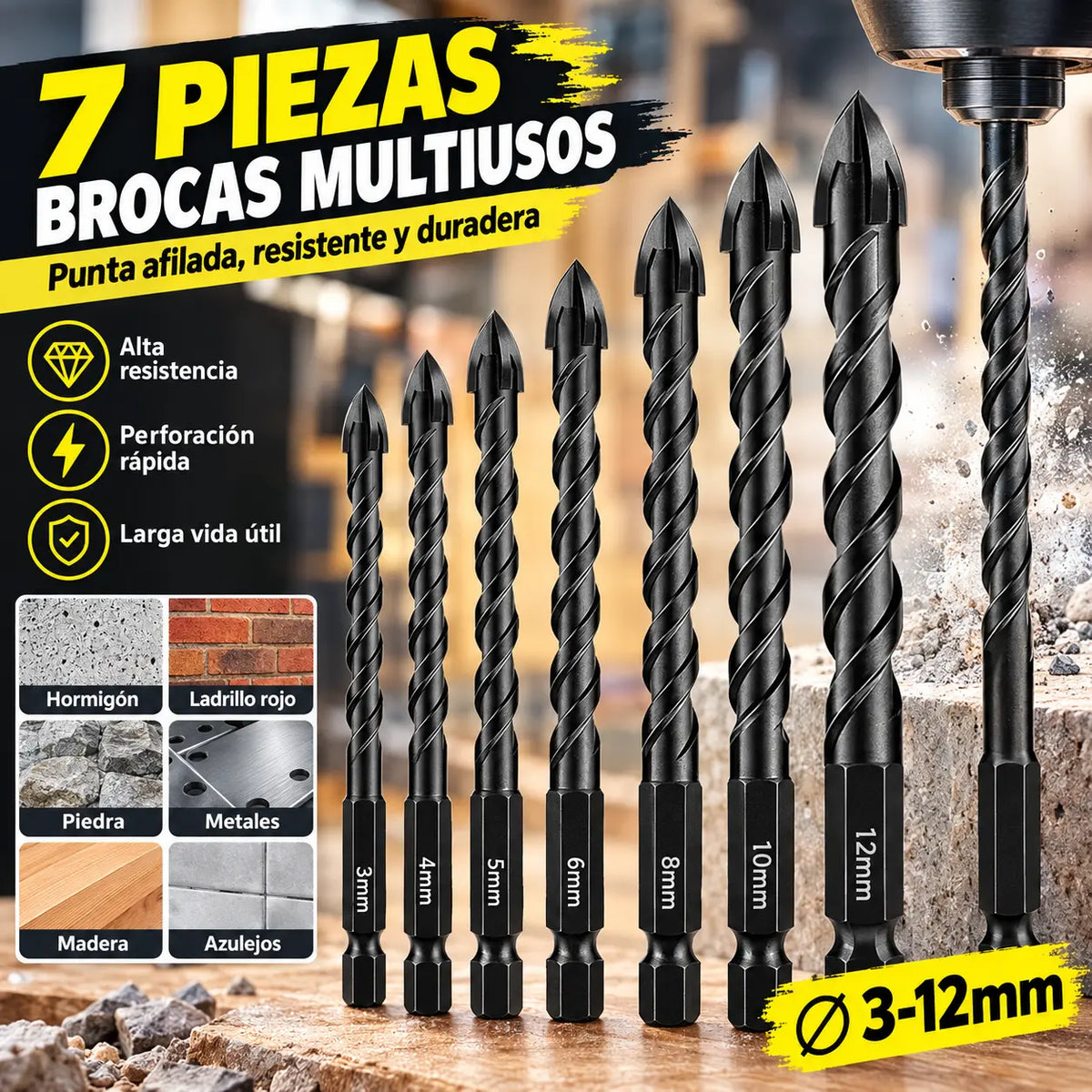 🔥【7 unidades / 3–12 mm】Brocas de aleación para cerámica con vástago hexagonal antideslizante ✅Para perforar láminas de vidrio ✅Azulejos ✅Materiales de vidrio/aleación