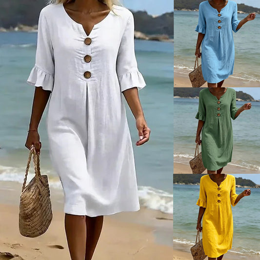 【S-3XL】Vestido de mujer de algodón y lino con mangas abullonadas y botones
