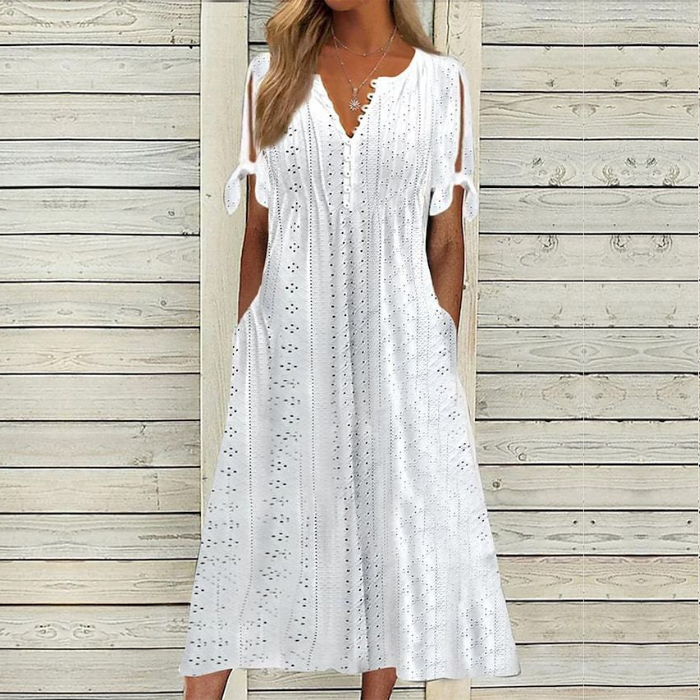 S-5XL Μοντέρνο, casual, φαρδύ, ψηλόμεσο, μονόχρωμο φόρεμα με κέντημα