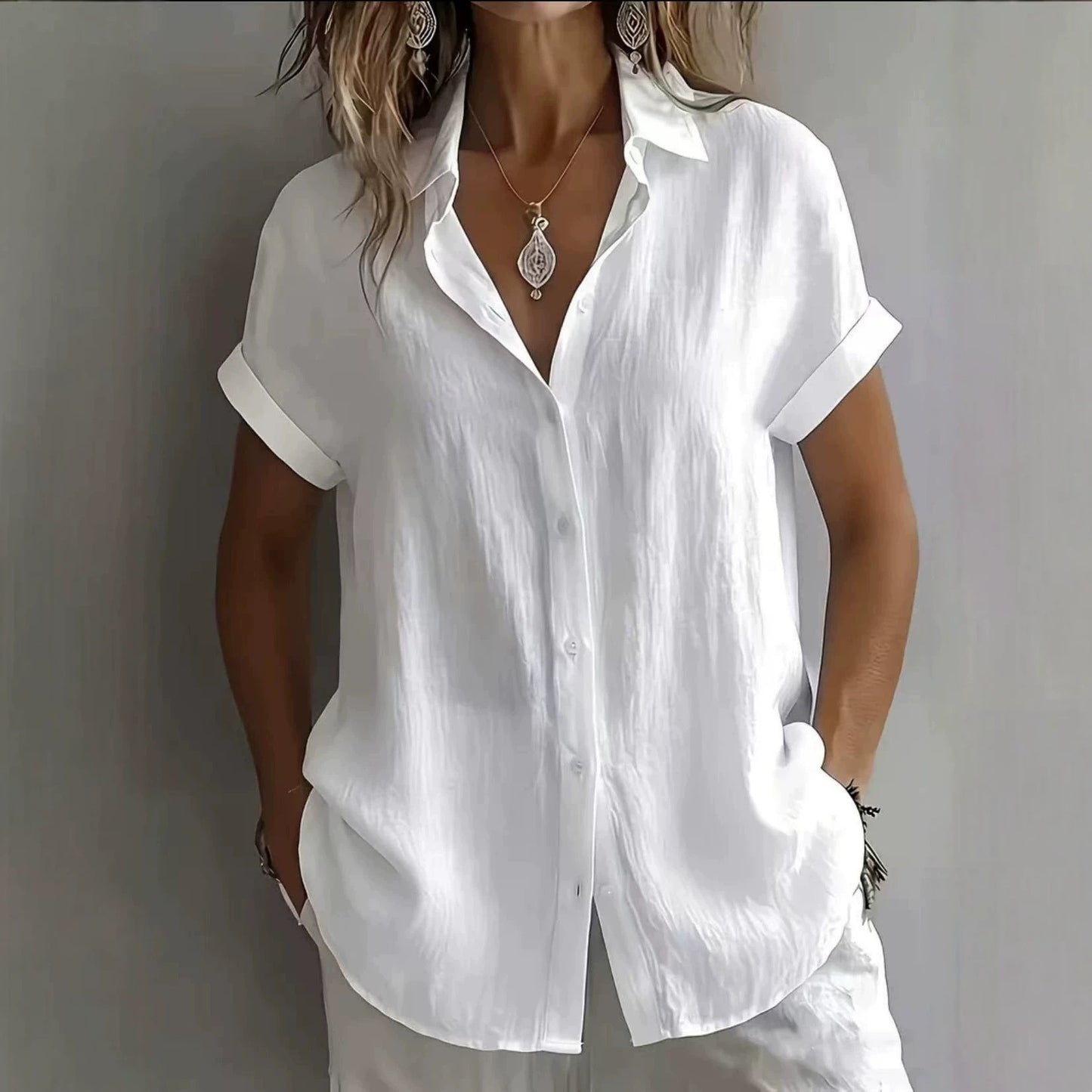 💃 S–2XL, Dámská jednobarevná lněná košile s límečkem a krátkým rukávem pro volný čas